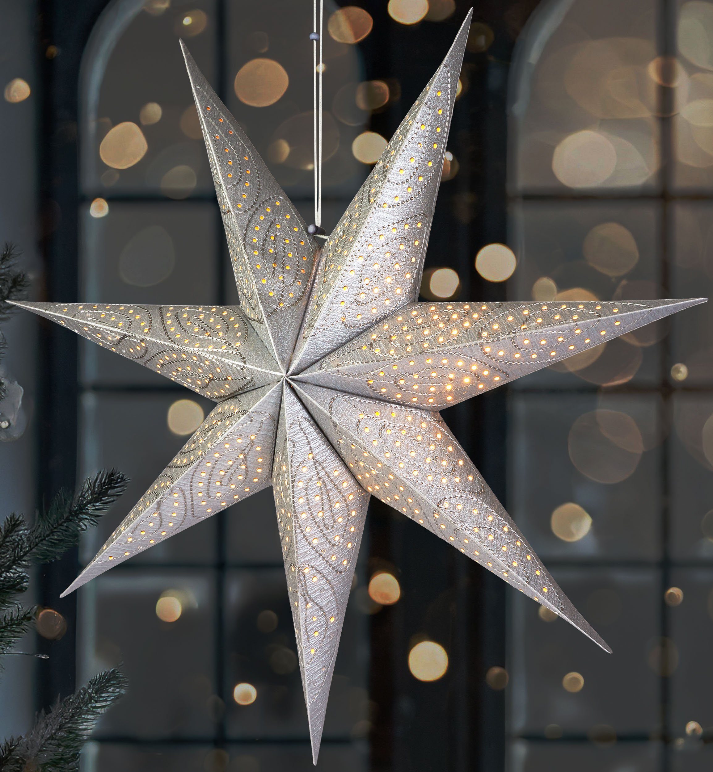 BRUBAKER LED Stern 60 cm Papier Weihnachtsstern zum Aufhängen - LED Adventsstern, Hängender Leuchtstern - Beleuchtbar mit Batterie, LED fest integriert, Warmweiß, Weihnachtsdeko für Fenster - 3D Papierstern mit Timer-Funktion Silber