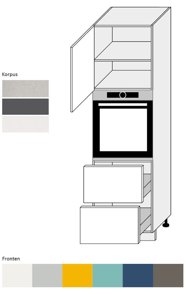 mit wählbar Schubladen 1021 Backofenumbauschrank Tür, RAL Napoli 2 & Front- pflegeleichter 1 60cm Kunststoffoberfläche, Spanplatte (mit (Vollauszug) rapsgelb MDF) lackiert, Hochglanz grifflos Korpusfarbe Hochglanz Feldmann-Wohnen