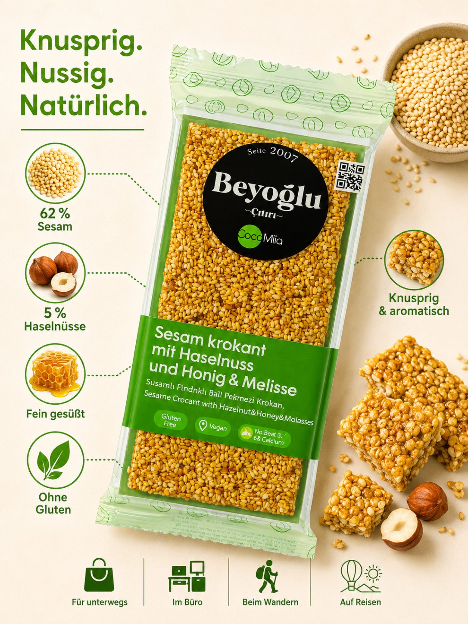 Beyoglucitiri Cerealien Sesam Krokant mit Haselnuss 50 g, 1 x, Glutenfrei Knusprig Verzehrfertig Hergestellt in der Türkei
