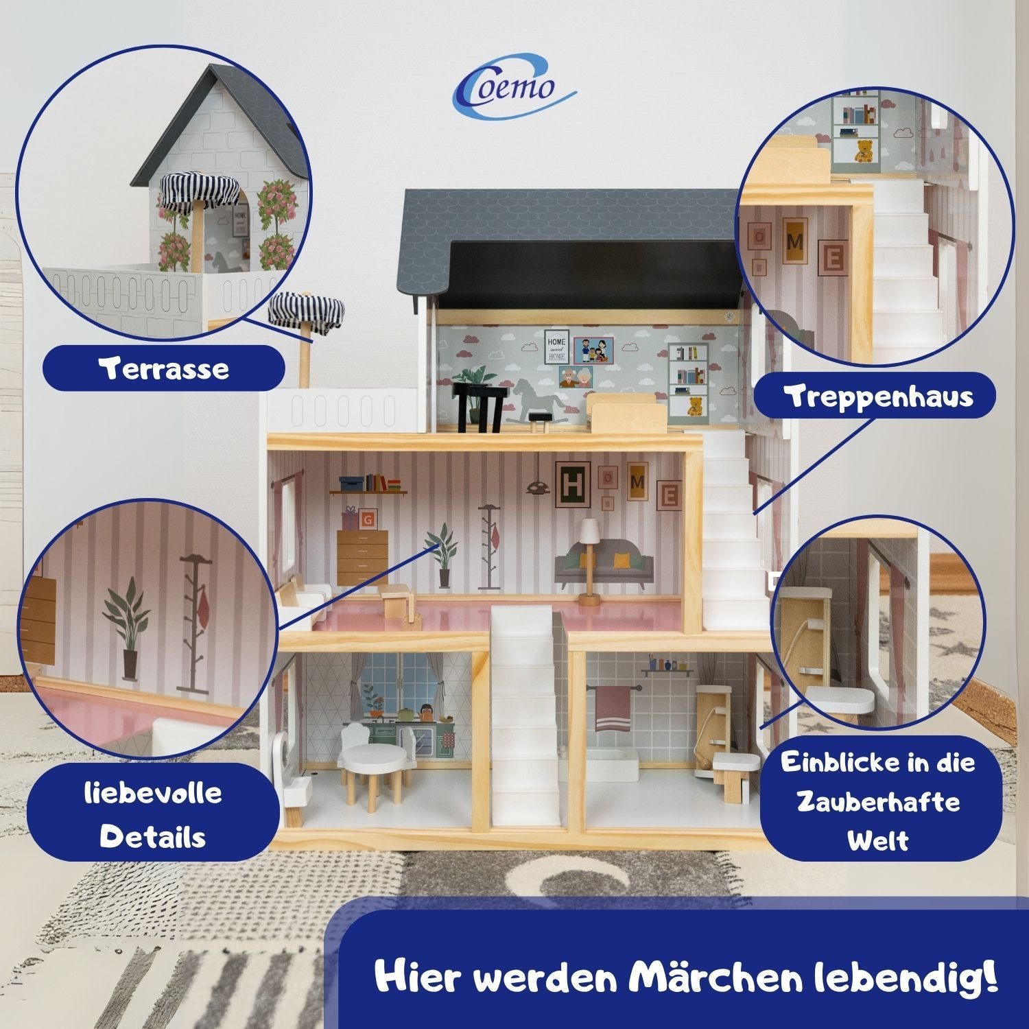 Coemo Puppenhaus LARA, (möbliertes Puppenhaus Holz, günstig online kaufen