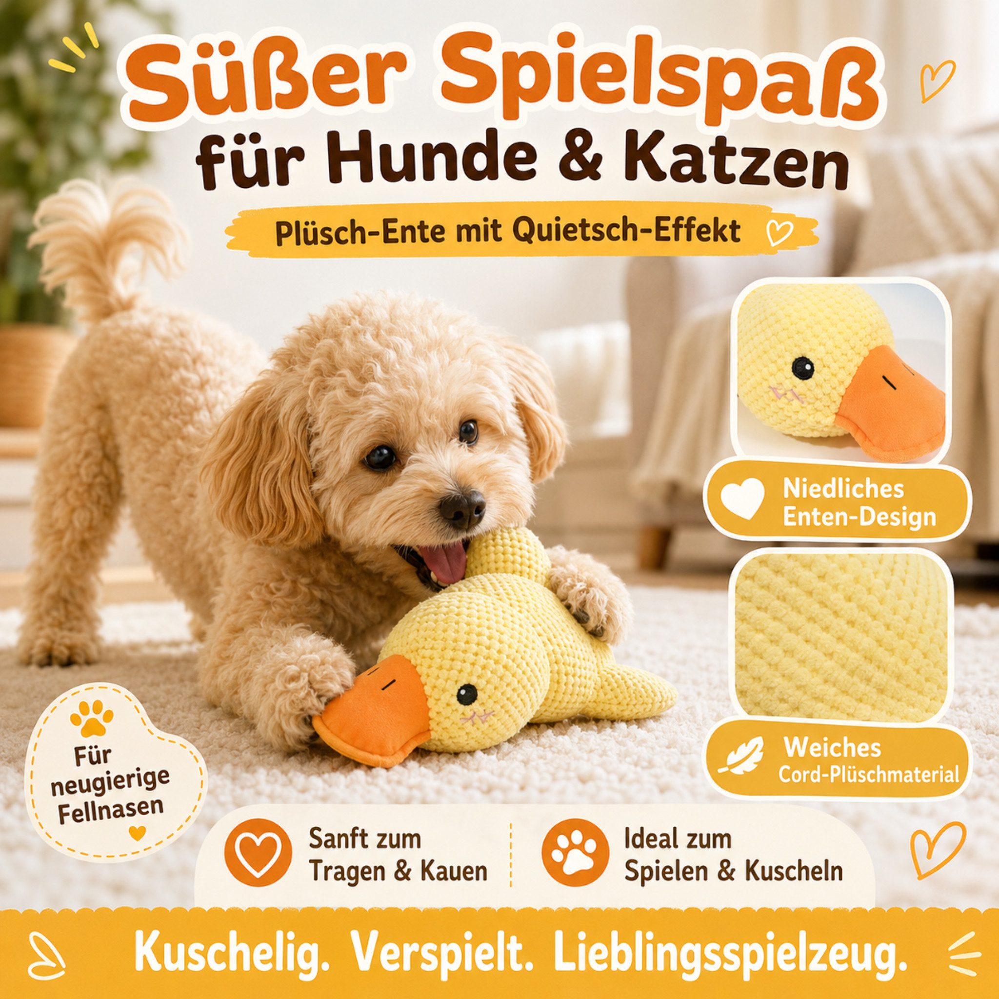 FLOCKI Pets™ Tierkuscheltier Quietschendes Hundespielzeug Ente – weiches Hundekuscheltier, niedliches Tierspielzeug, weiche Textur, mit Quietschen