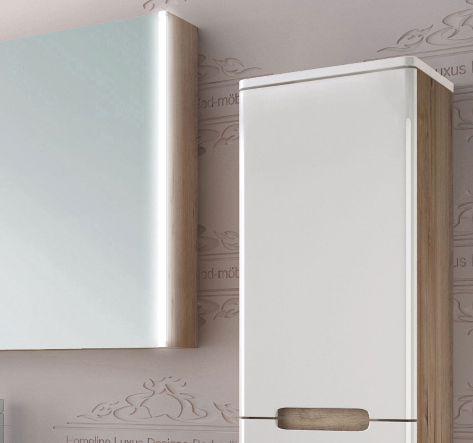 Homeline Badmöbel-Set Bad Möbelset Badezimmer Möbel Hochglanz 90 cm Eiche / Weiß Schwarz, (Spar-Set, 3-St., Fünfteiliges Set), Spiegelschrank mit Keramikbecken, Hochglanz