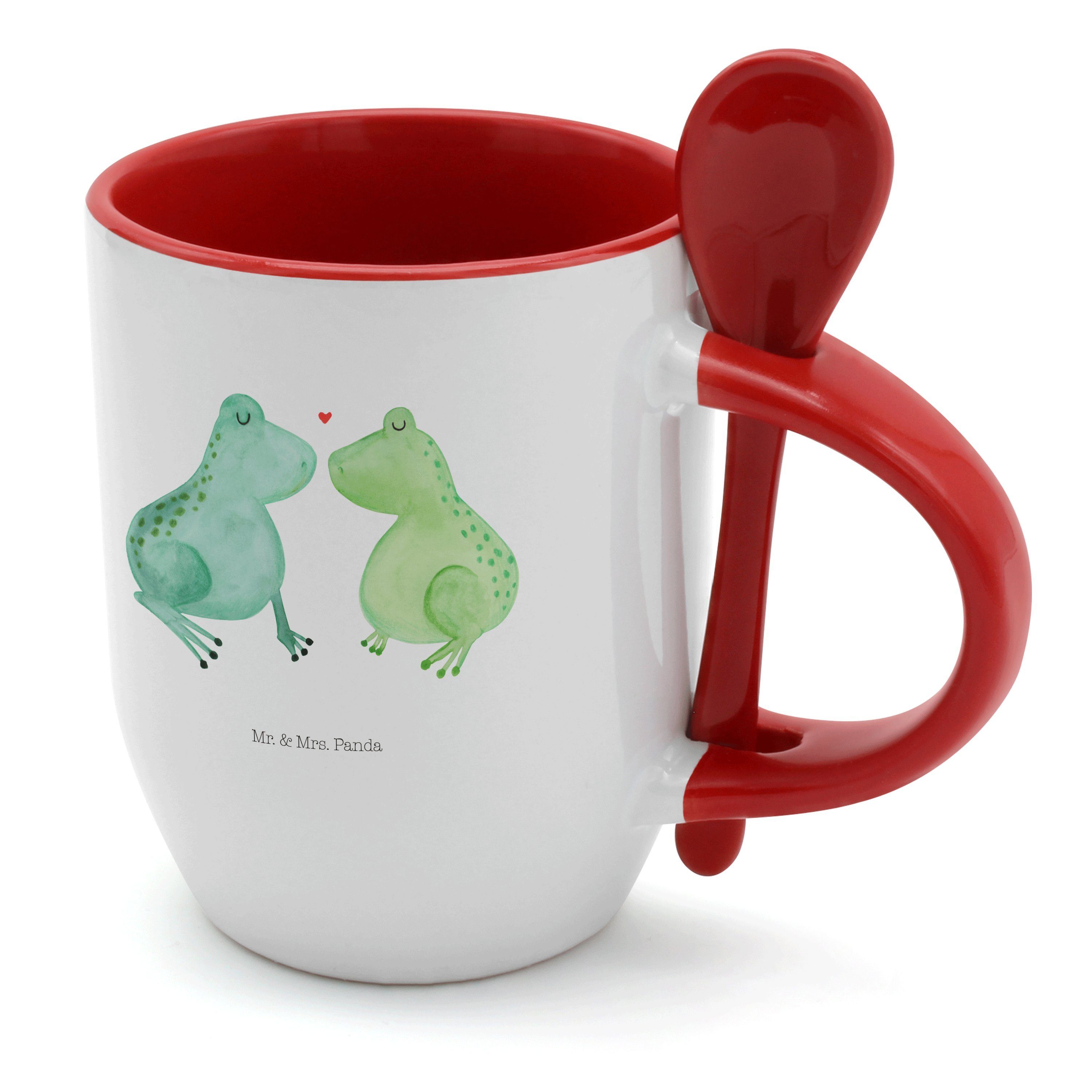 Mr. & Mrs. Panda Tasse Frosch Liebe - Weiß - Geschenk, Tasse mit Löffel, Pärchen, Tasse mit, Keramik