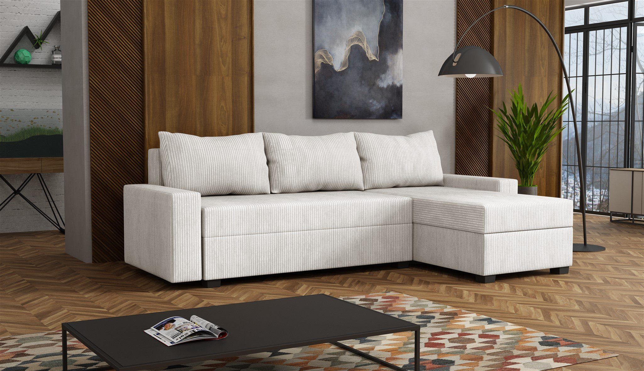 Fun Möbel Ecksofa Schlafsofa Sofa AGNETA Velourstoff Lincoln, Schlafsofa mit Ottomane Links oder Rechts, Rundumbezug