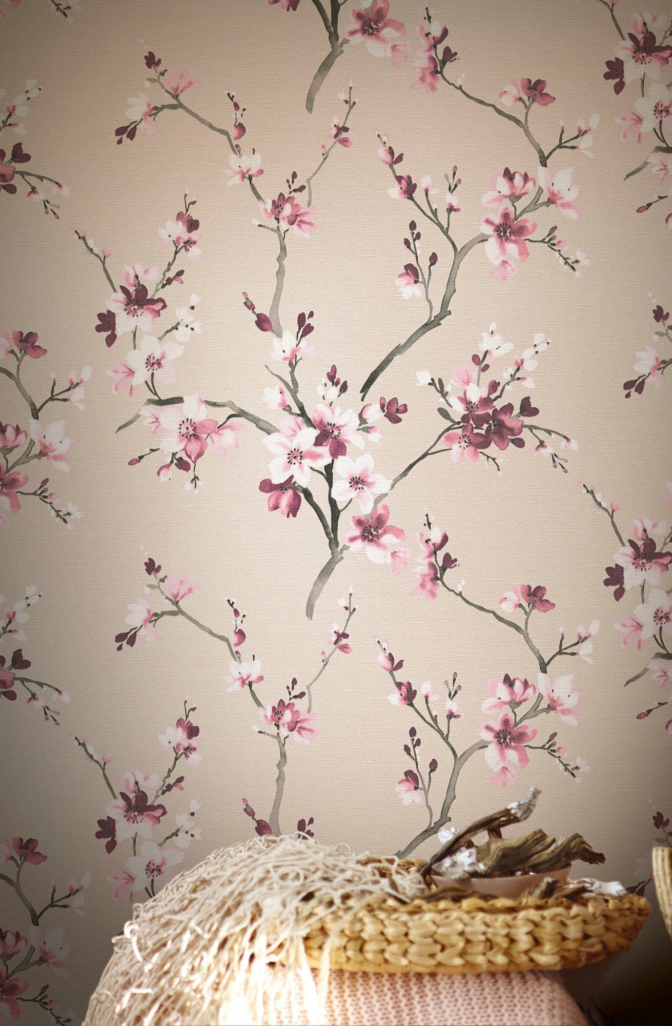 living walls Vliestapete floral, geblümt, Blumenoptik Tapete natürlich, strukturiert, Desert rosa/beige Lodge