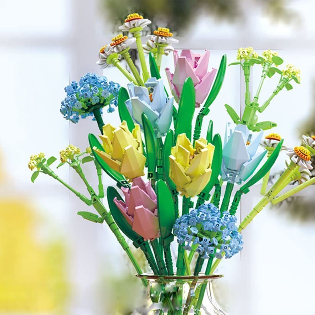 Künstlicher ‎‎Bunt(Stil:3) Klemmbausteine, Bausteine, Blumenstrauß Kunstblume Topfblumen GelldG