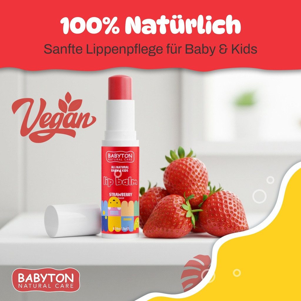 Babyton Lippenbalsam Babyton Kinder Lippenbalsam Erdbeere 5g-Natürlich, Parabenfrei, Sanft