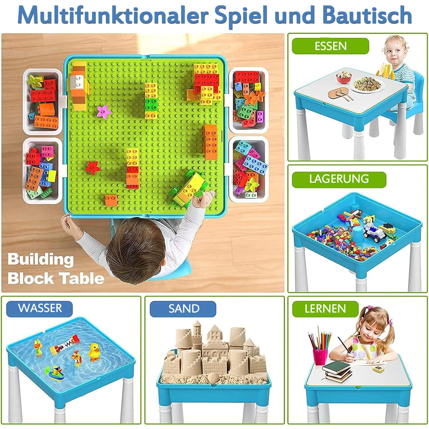 TUWENA Kindertisch 5-in-1-Kinder-Aktivitäts-Tischset mit 128 Teile Bausteinen Spielzeug, Spieltisch Enthält 1 Stuhl und Bausteintisch mit Aufbewahrung – Bild 3 von 5