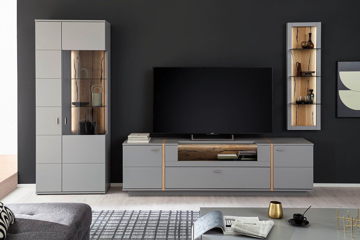 MCA furniture Wohnwand Wohnwand Wohnkombination Sevilla, Arktis grau, 3-teilig, LED Beleuc, (3-St)