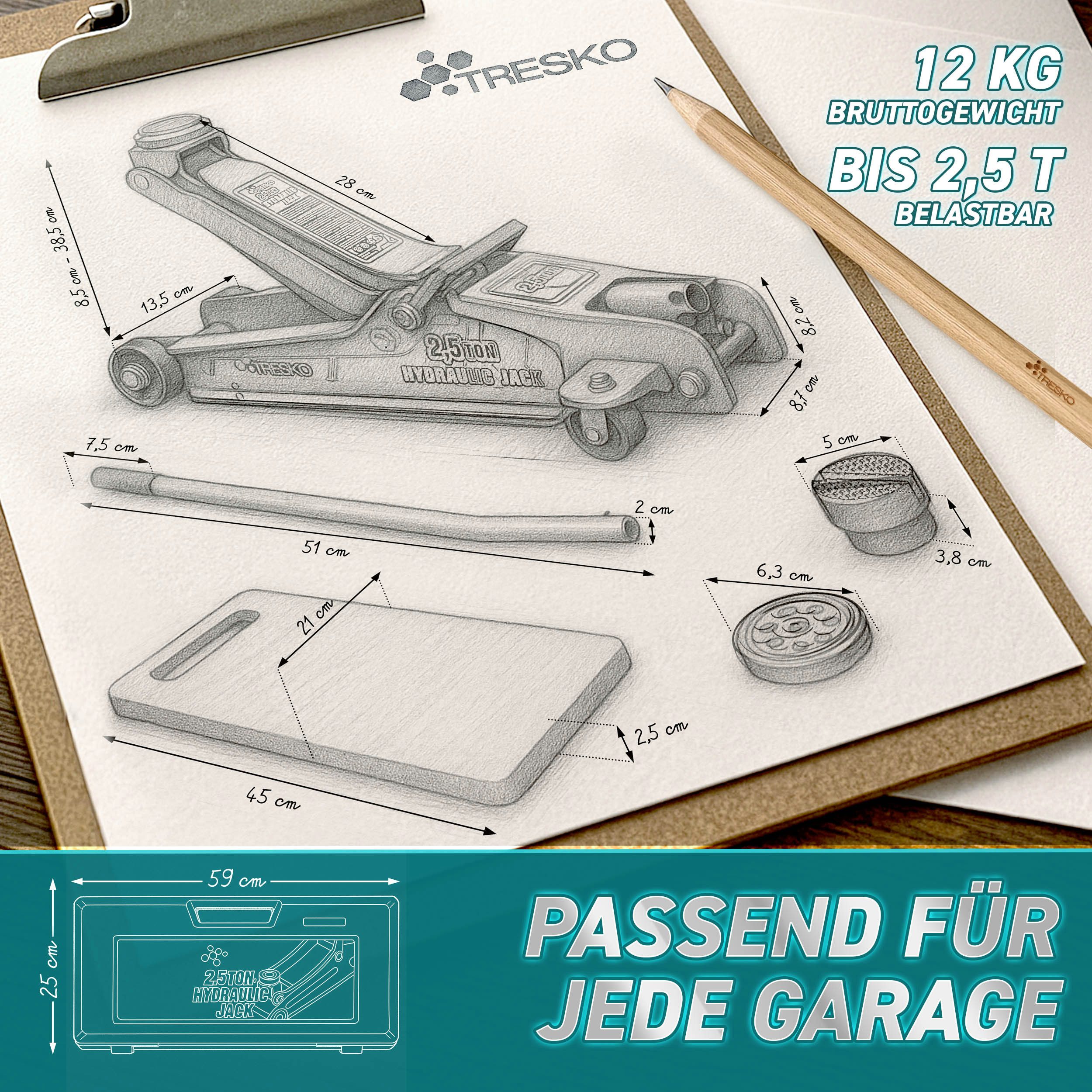 TRESKO Rangierwagenheber TRESKO Wagenheber hydraulisch 2,5T Rangierwagenheber 85-385mm Autohebe, Hydraulik KFZ flach auch für tiefergelegte Autos & 360° Rollen, inkl. 2X Gummiauflage, Schutzmatte, Handschuhe, Profilmesser, hydraulisch 2,5T Hubhöhe 85-385mm mit Tragekoffer Rangierwagenheber