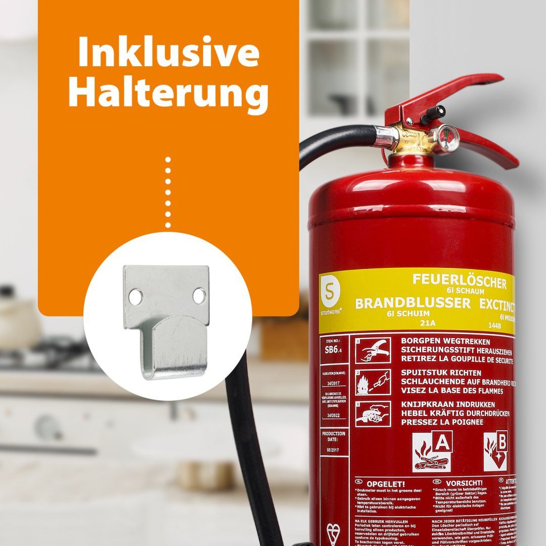smartwares Schaum-Feuerlöscher Smartwares Schaumlöscher SB6, Feuerlöscher 6 Liter/ Brandklasse A, B m, 6 L Schaumlöscher Brandklasse AB - BSI, SB6