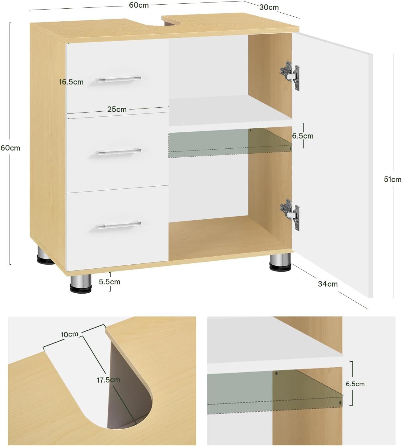 EUGAD Waschbeckenunterschrank (1-St) Badezimmerschrank, mit 3 Schubladen, mit 2 Fächern, Holzwerkstoff