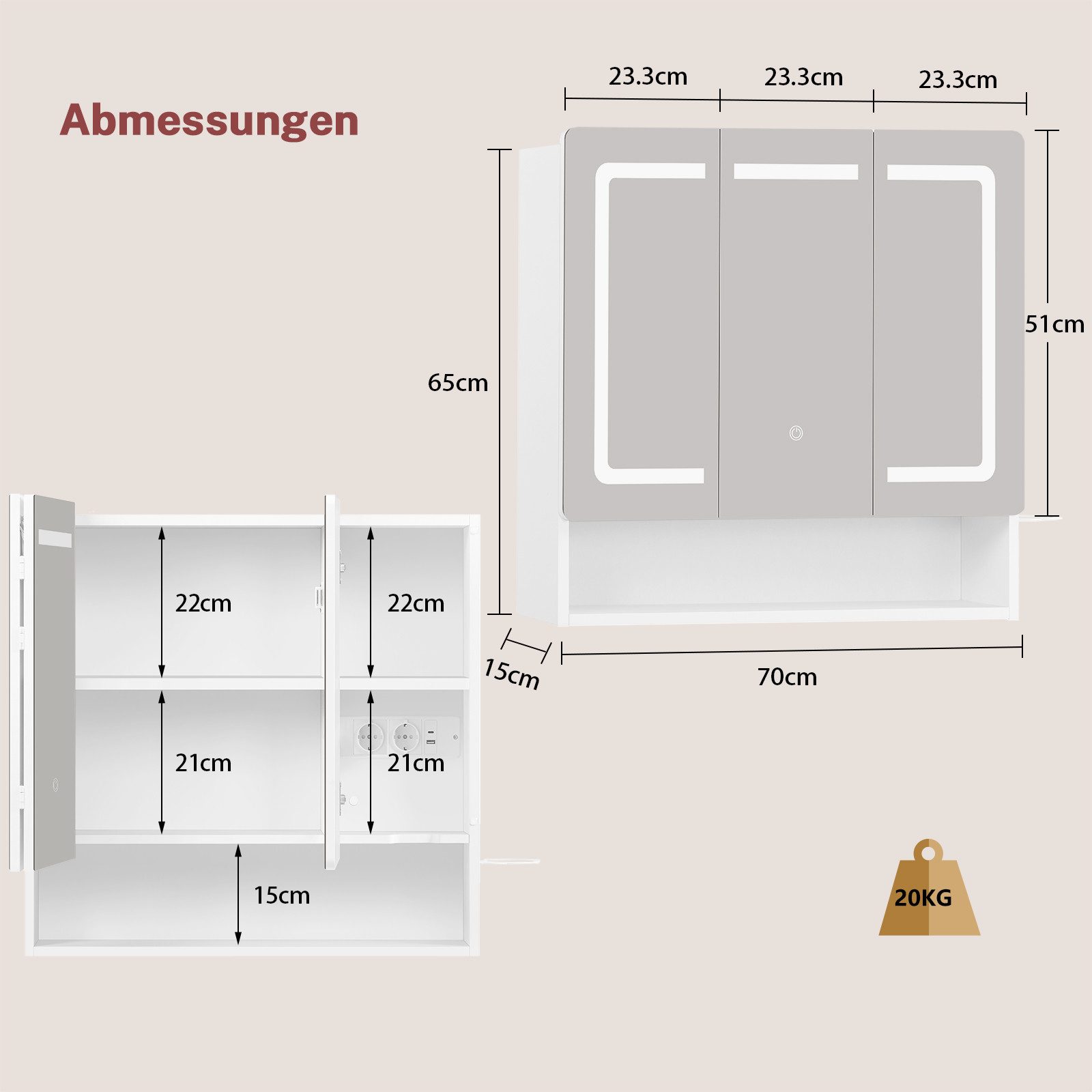 TEENFON Badezimmerspiegelschrank Weißer Badezimmerspiegelschrank mit LED-Beleuchtung (1-St) – Bild 5 von 5