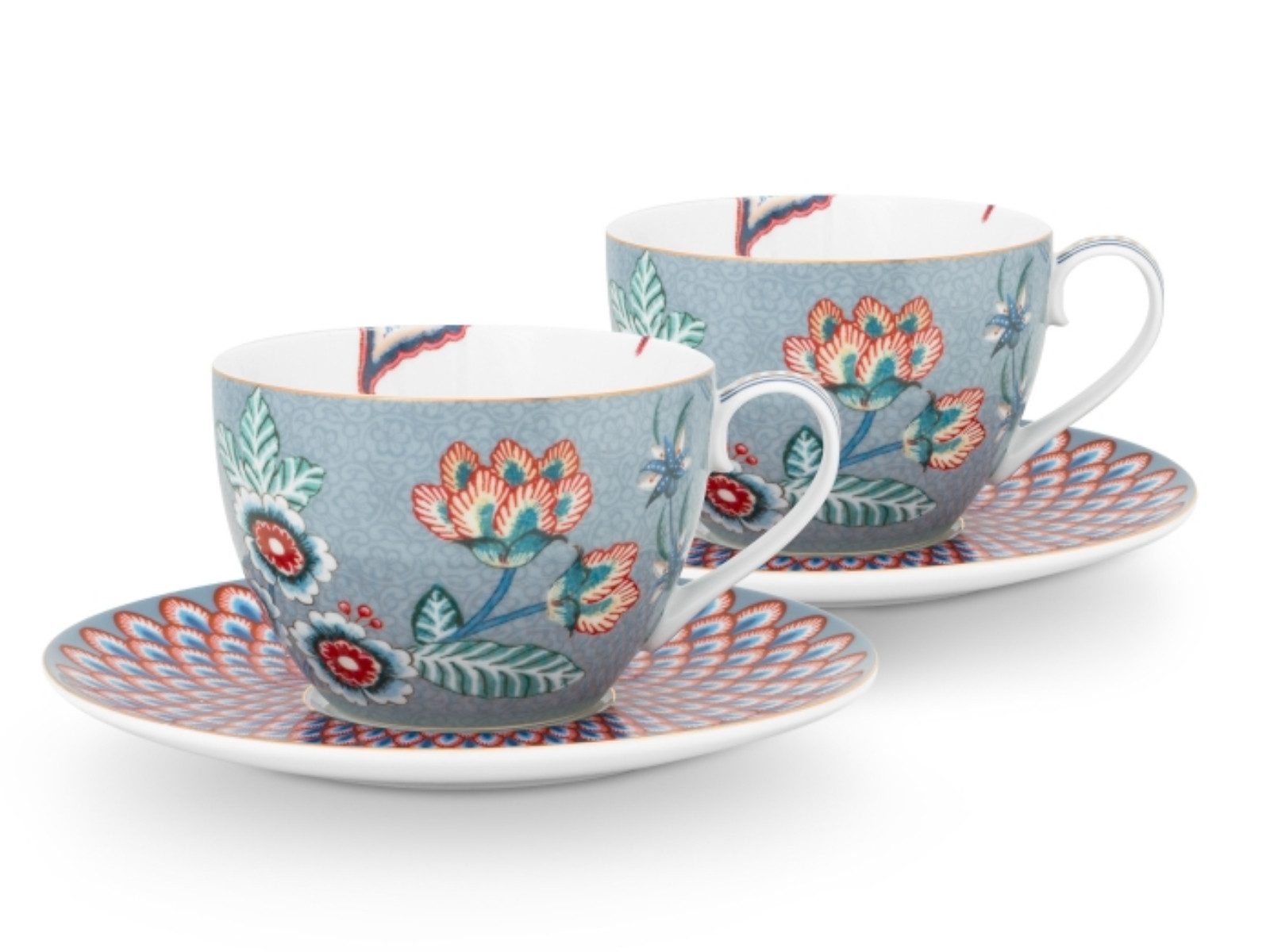 PiP Studio Tasse Flower Festival Tasse mit U. Light Blue 280ml Set2, Porzellan, Set/2 Cups & Saucers Flower Festival Light Blue 280ml