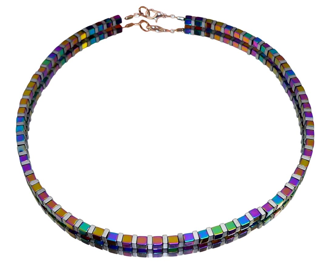 Perlenkette 052q Halskette Würfelkette Würfel Hämatit multicolor glanz