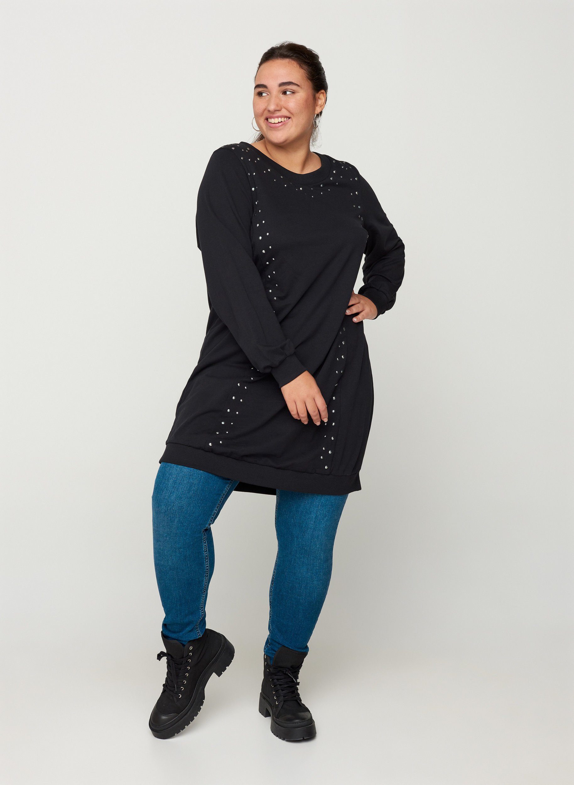 Zizzi Sweatkleid Große Größen Damen Sweatkleid aus Baumwolle mit Rundhals  und Nieten online kaufen | OTTO