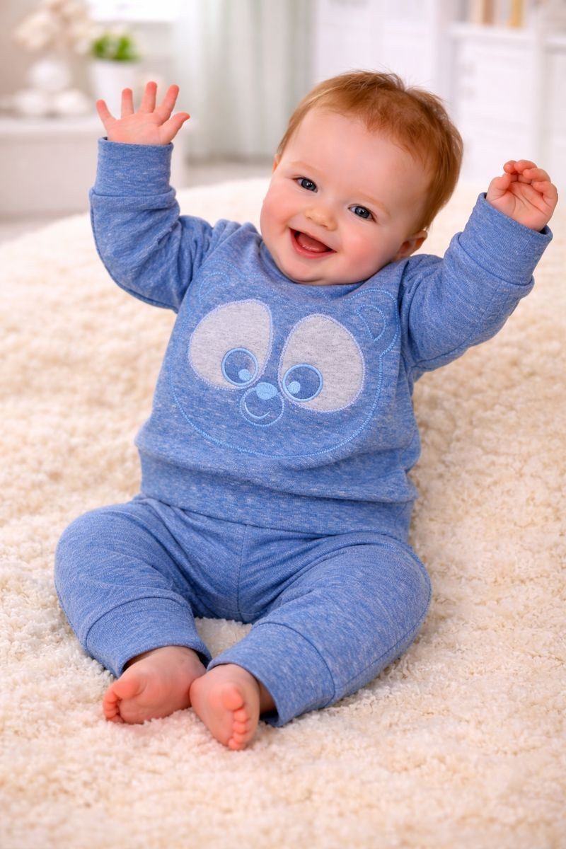 La Bortini Hausanzug Baby Anzug Pulli und Hose für Neugeborene in Blau in Blau mit Panda Stickerei, 56 62 68 74