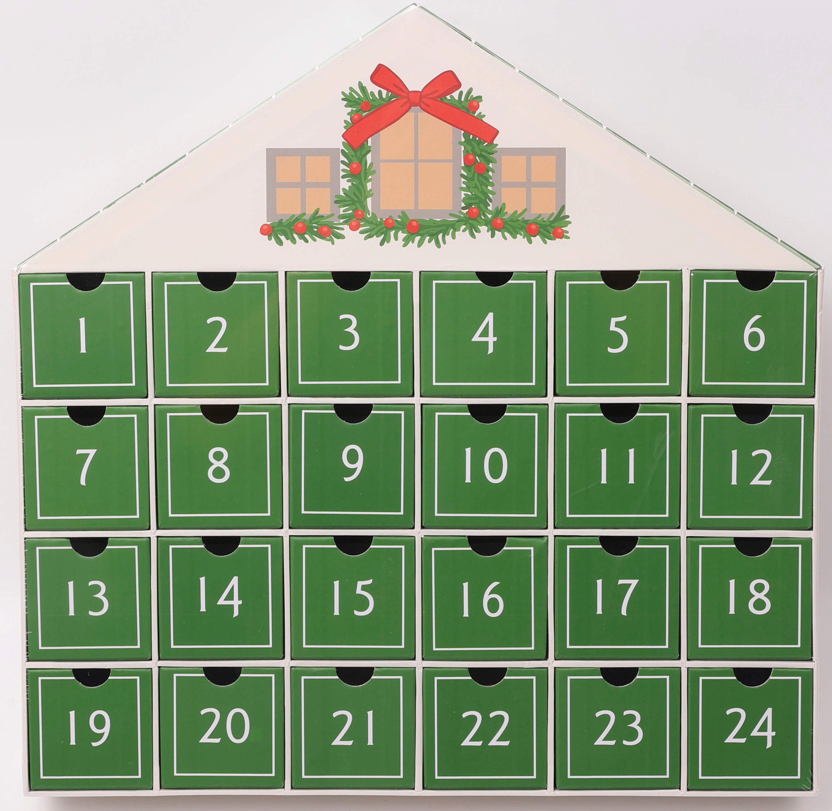 OTTO home Adventskalender Haus, für die täglichen Überraschungen in der Vorweihnachtszeit, aus stabilem Karton, ca.40x40cm, in grün oder rot, mit Schubladen