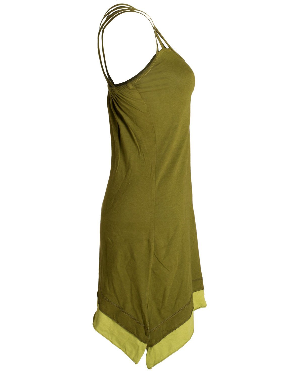 Vishes Sommerkleid Lagenlook Trägerkleid Organic mit olive Boho Style Cotton Hippie, Elfen, Zipfeln
