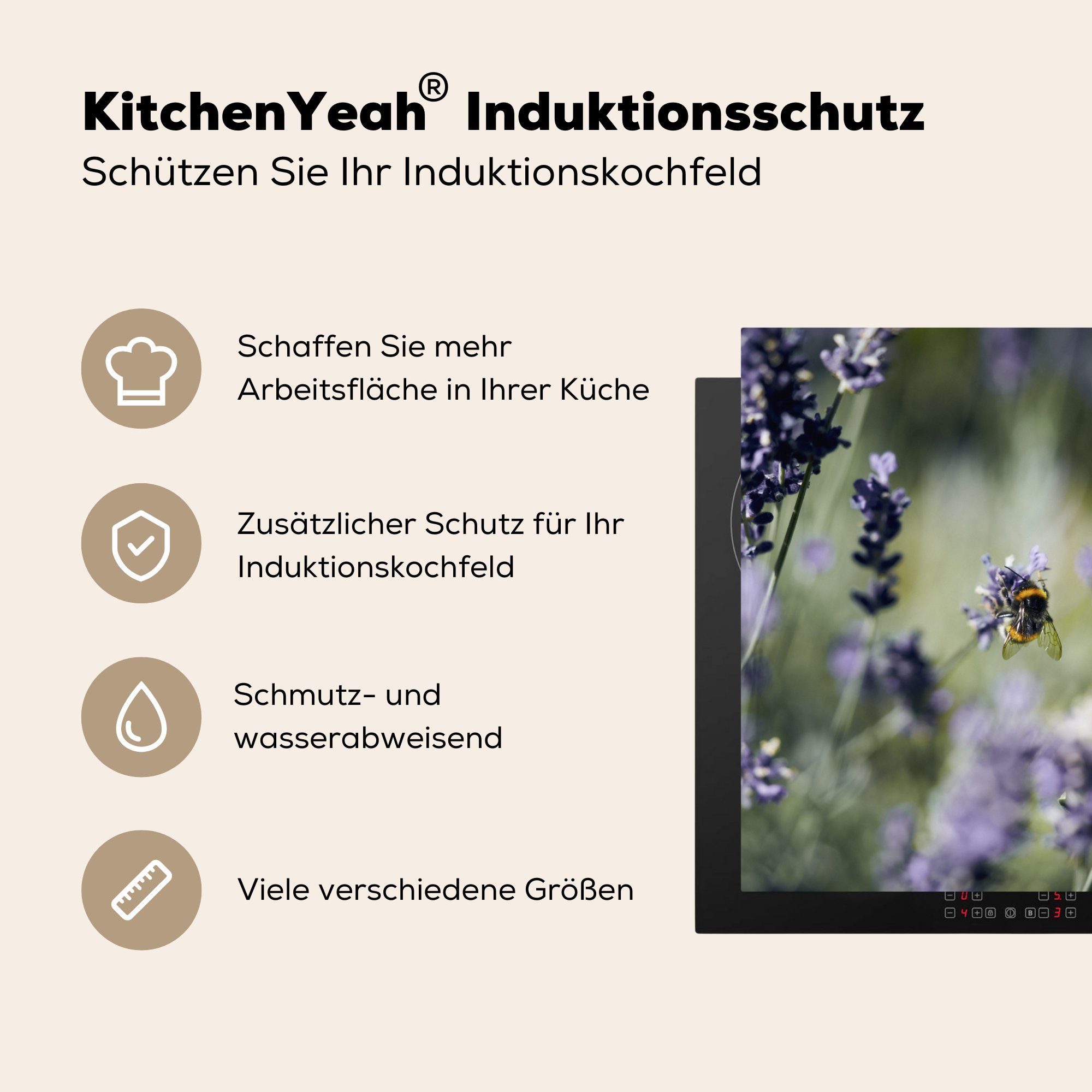 MuchoWow Herdblende-/Abdeckplatte Hummeln 78x78 - cm, küche - Ceranfeldabdeckung, (1 für Vinyl, Arbeitsplatte Lavendel Insekten, tlg)