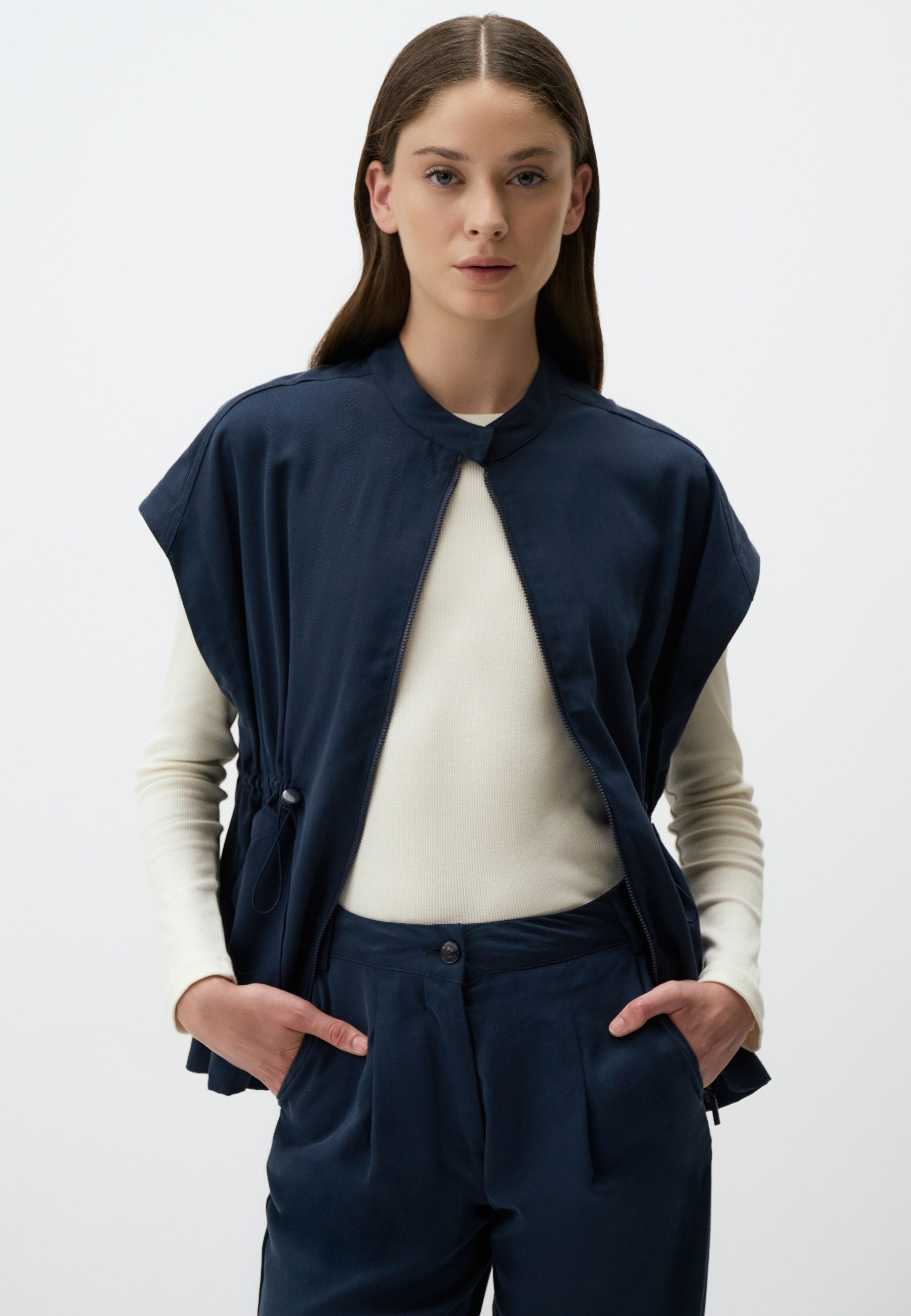 Anzugweste Lockerer Schnitt Offener Kragen Taille Elastisch Gabardine Weste