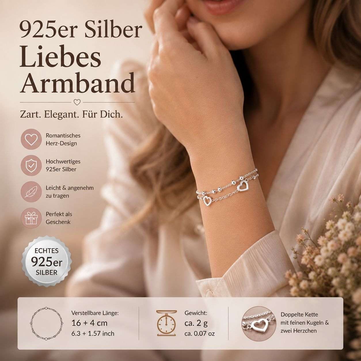 Taffstyle Silberarmband 925 Sterling Silber Damen Armband mit Herzen & Kugeln verstellbar (Wunderschönes Filigranes Damen Armband 925 Echt Silber mit Herz-Desig – Bild 4 von 5