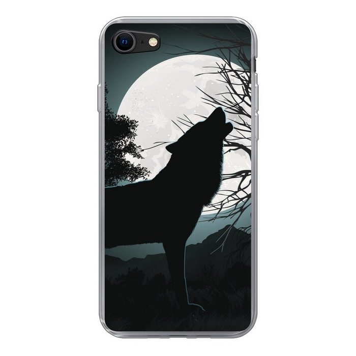 MuchoWow Handyhülle Wolf - Scherenschnitt - Mond Handyhülle Apple iPhone SE (2020) Smartphone-Bumper Print Handy