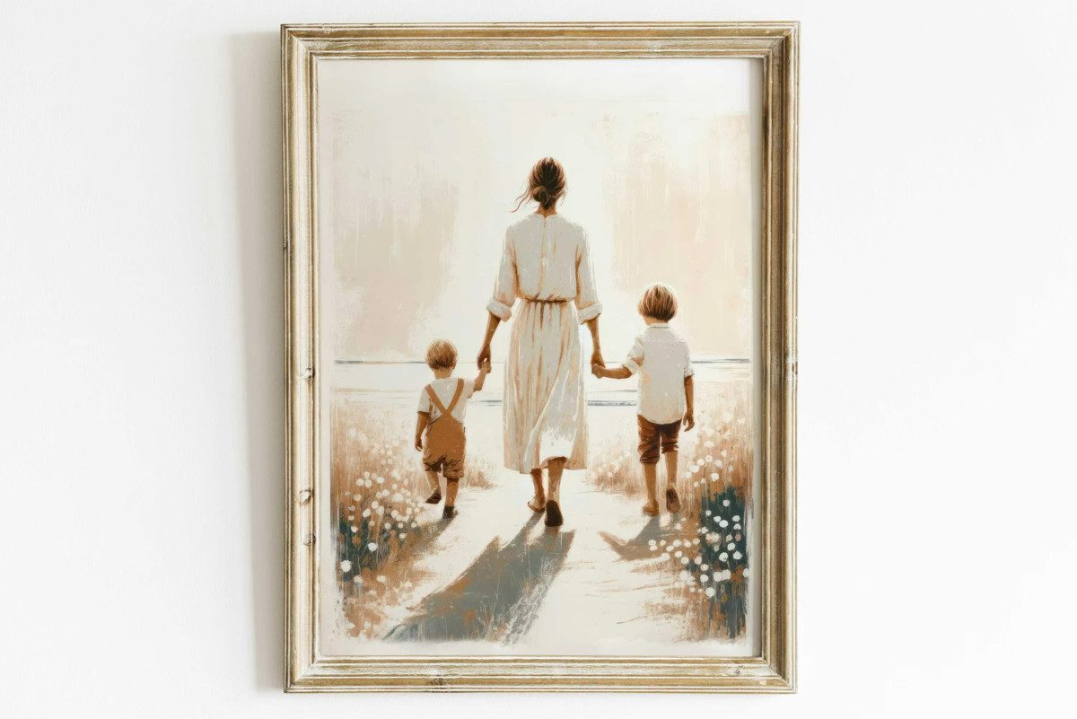 TPFLiving Kunstdruck (OHNE RAHMEN) Poster - Leinwand - Wandbild, Mutter und Kind Wandkunst Home Decor Leinwand Malerei (Leinwandbild XXL), Farben: Braun, Grau, Schwarz, Weiß, Blau, Gelb -Größe: 20x30cm