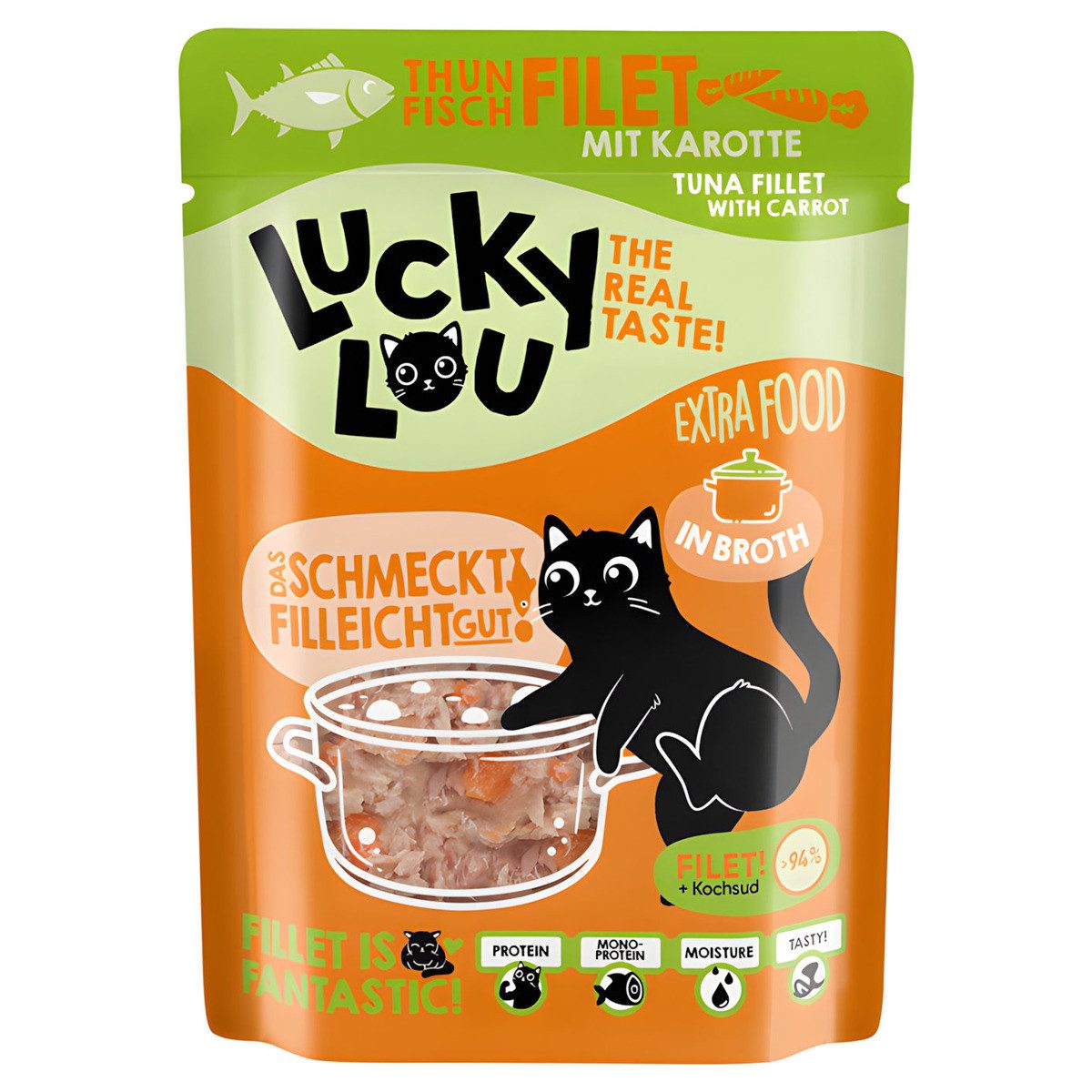 Lucky Lou Extra Food Thunfisch mit Karotte in Sud 70 g, Nassfutter für: Katze
