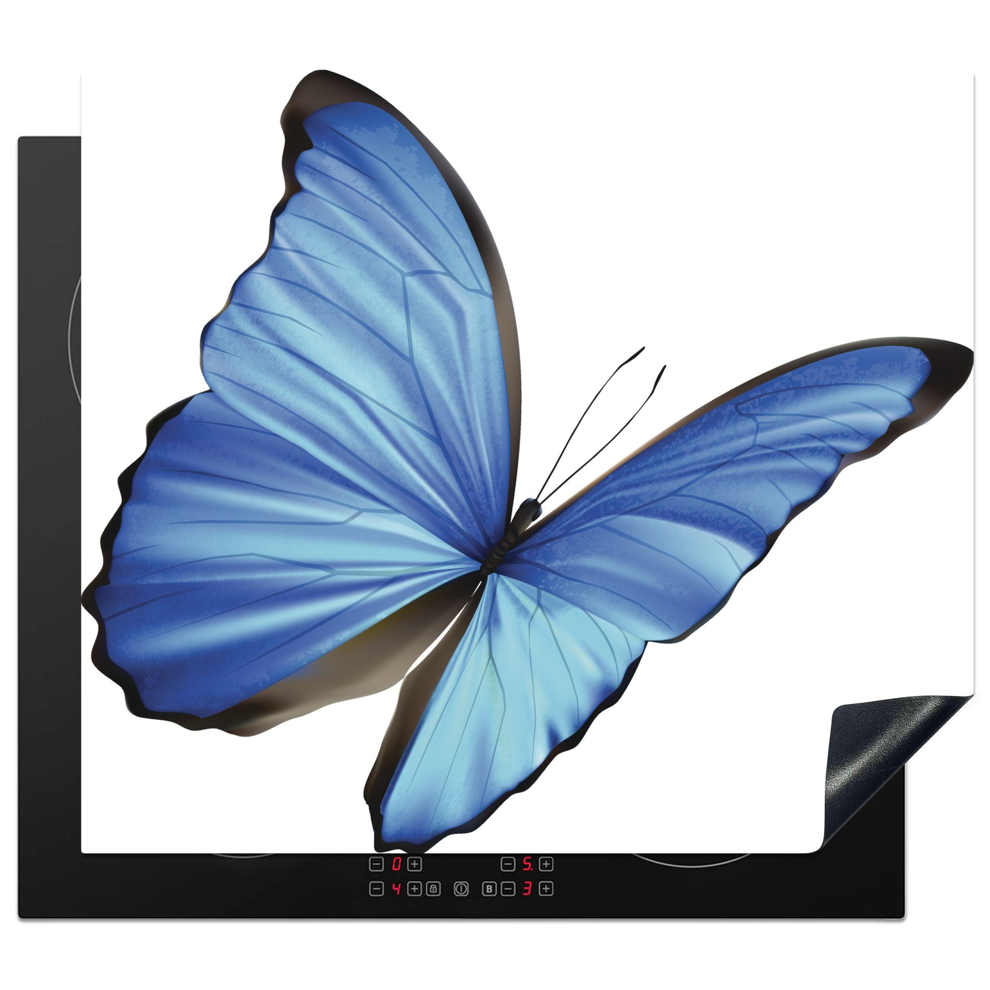 MuchoWow Herdblende-/Abdeckplatte Eine Illustration eines blauen Schmetterlings auf weißem Hintergrund, Vinyl, (1 tlg), 60x52 cm, Mobile Arbeitsfläche nutzbar, Ceranfeldabdeckung