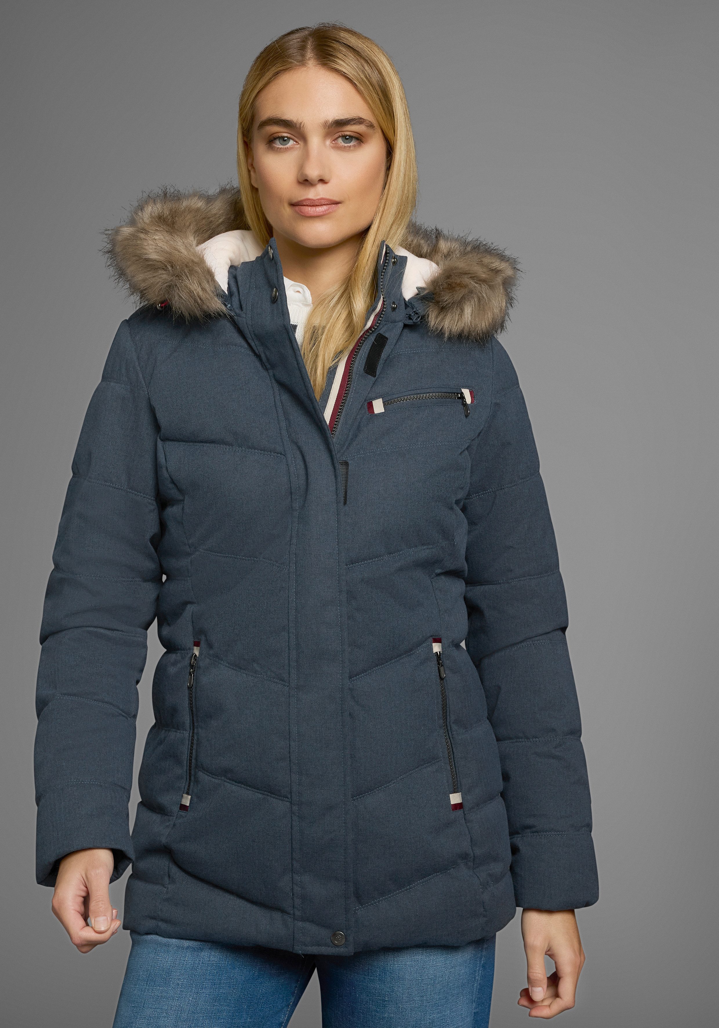 Polarino Steppjacke mit abnehmbarer Kapuze, mit Fellimitat, viele Taschen günstig online kaufen