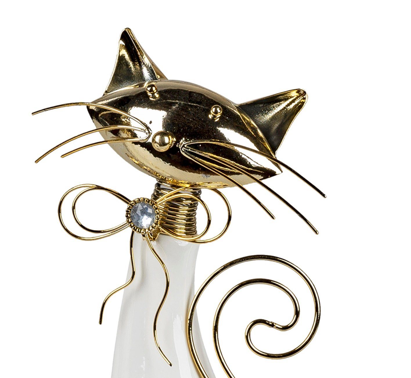 dekojohnson Dekofigur Deko-Katze Metall und Porzellan aus 32cm weiß-gold