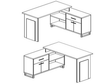 möbelando Eckschreibtisch Margate, Moderner Winkelschreibtisch aus Spanplatte in Sonoma-Eiche / Weiß mit 2 Holztüren, 1 Schubkasten und 2 offenen Fächern.