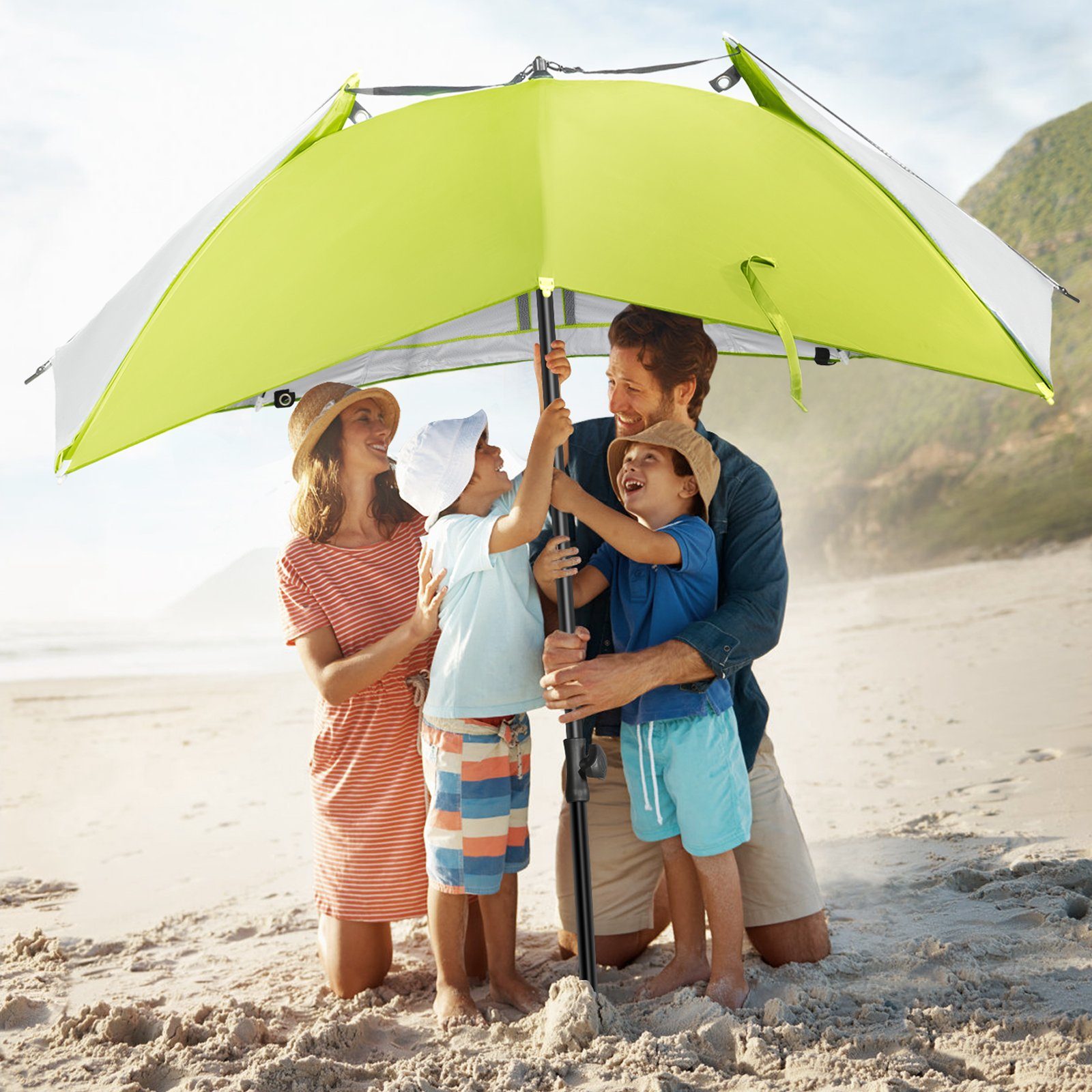 Strandschirm, Strandmuschel hellgrün umbrella mit für UV-resistentes Khaki, system Personen Umfunktionieren zum 50+ Sonnenschirm 2-3 HOMECALL