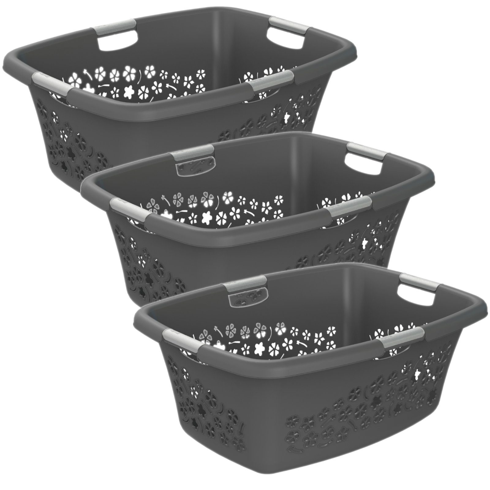 ROTHO Wäschekorb Flowers 3er-Set 50l, 3er-Set), (Wäschekorbset, Tragegriffe Kunststoff (PP) belastbare Anthrazit BPA-frei Wäschekorb