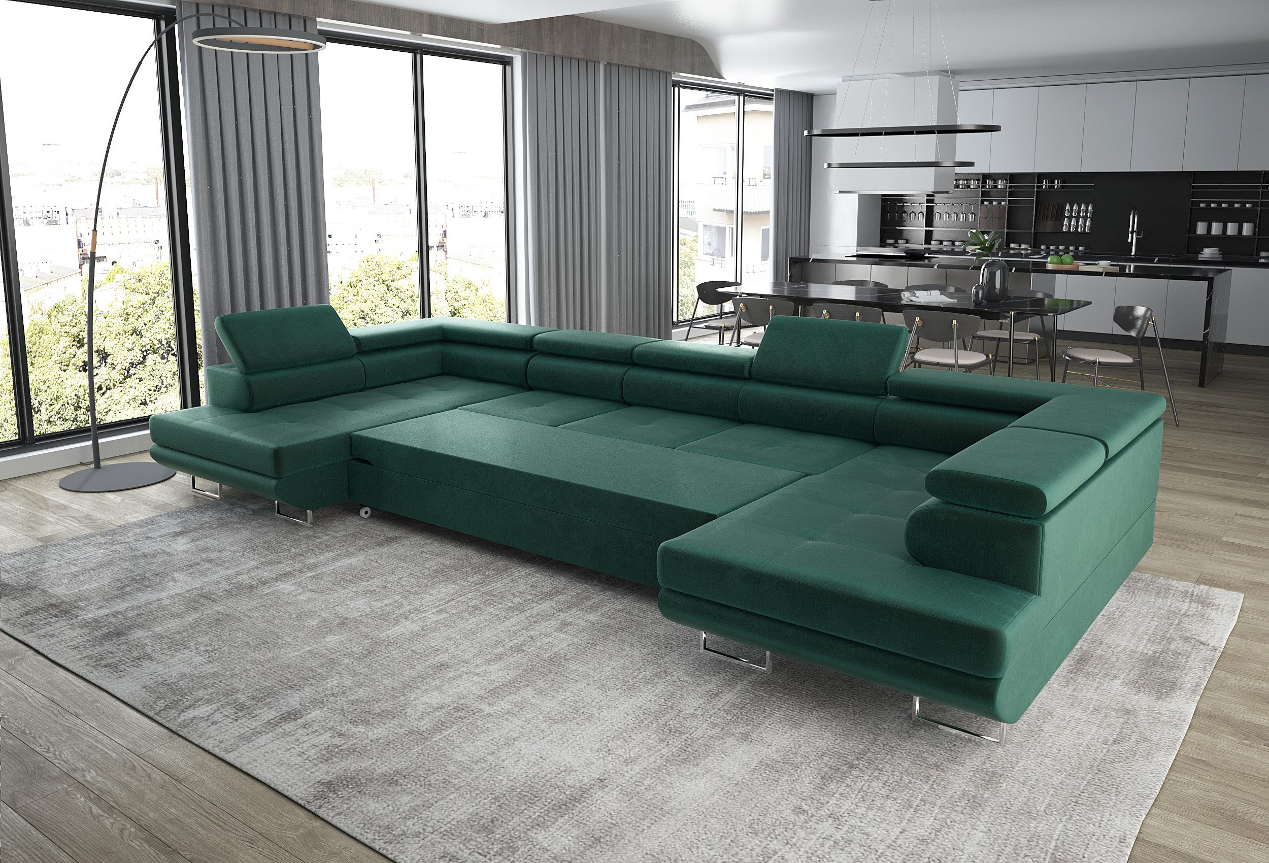 thematys Ecksofa Aston U 403 x 203cm mit Schlaffunktion & Bettkasten –, U-Sofa mit verstellbaren Kopfstützen, Samt (Monolotith), oder Cord (Poso), - U-Form, XL-Wohnlandschaft, 390 cm breit