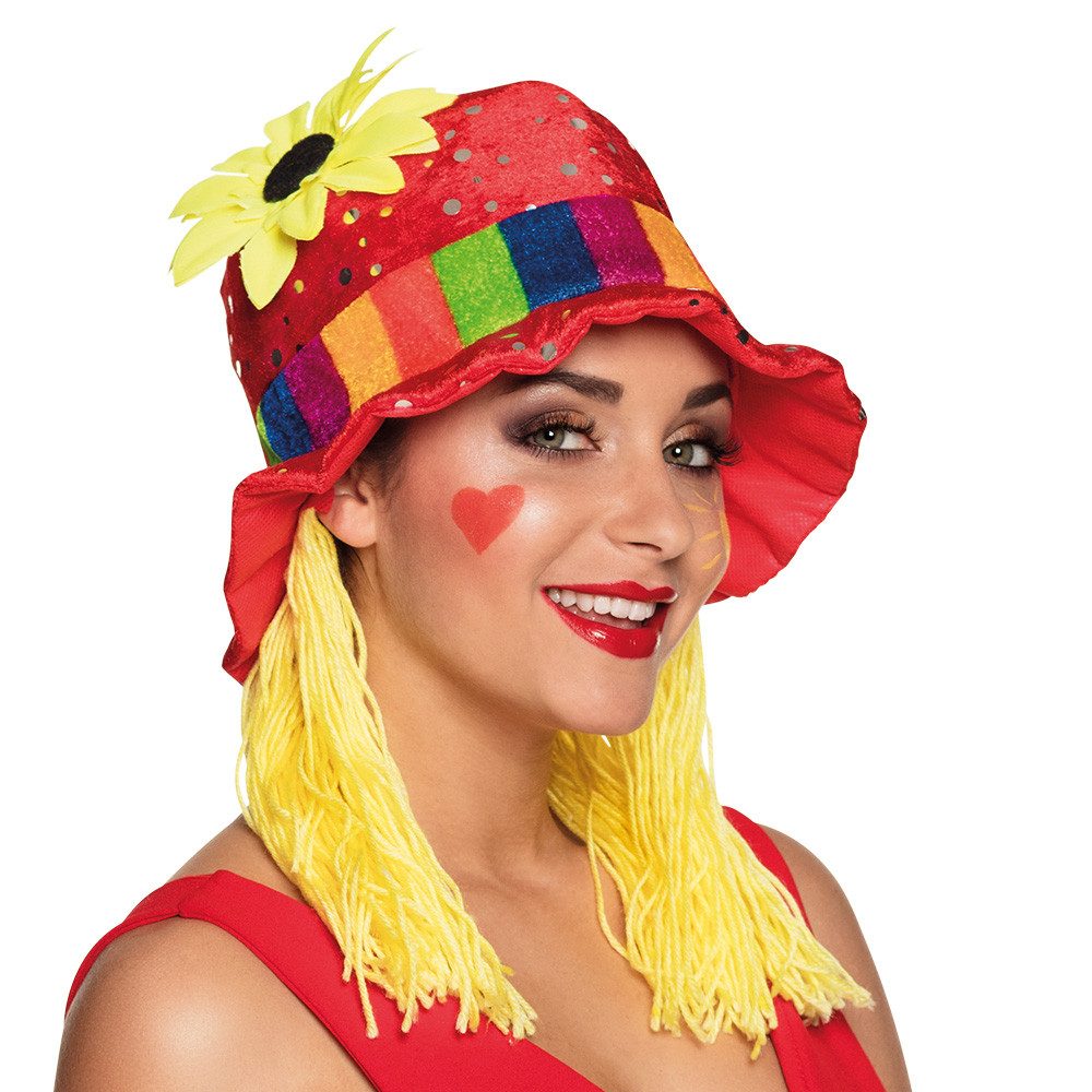 Boland Kostüm Clown Hut Clara roter Faschingshut mit Blume Zotteln für Karneval, farbenfroh für optimalen Spaß Faktor