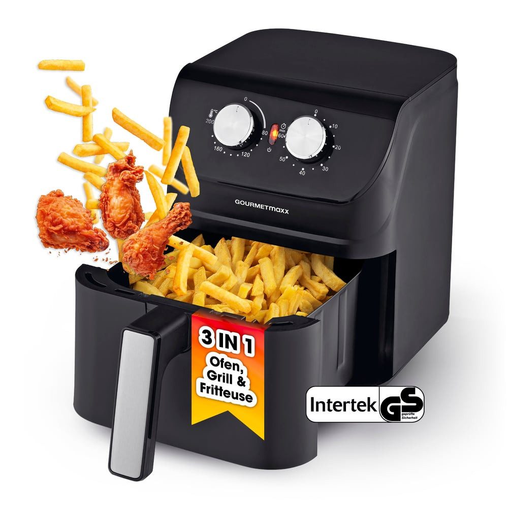 GOURMETmaxx Heißluftfritteuse 4 L - 3 in 1, Heißluftofen, Grill & Fritteuse, 1400 W, stufenlos einstellbarer Thermostat, 60-Min-Timer, fett- & geruchsarm