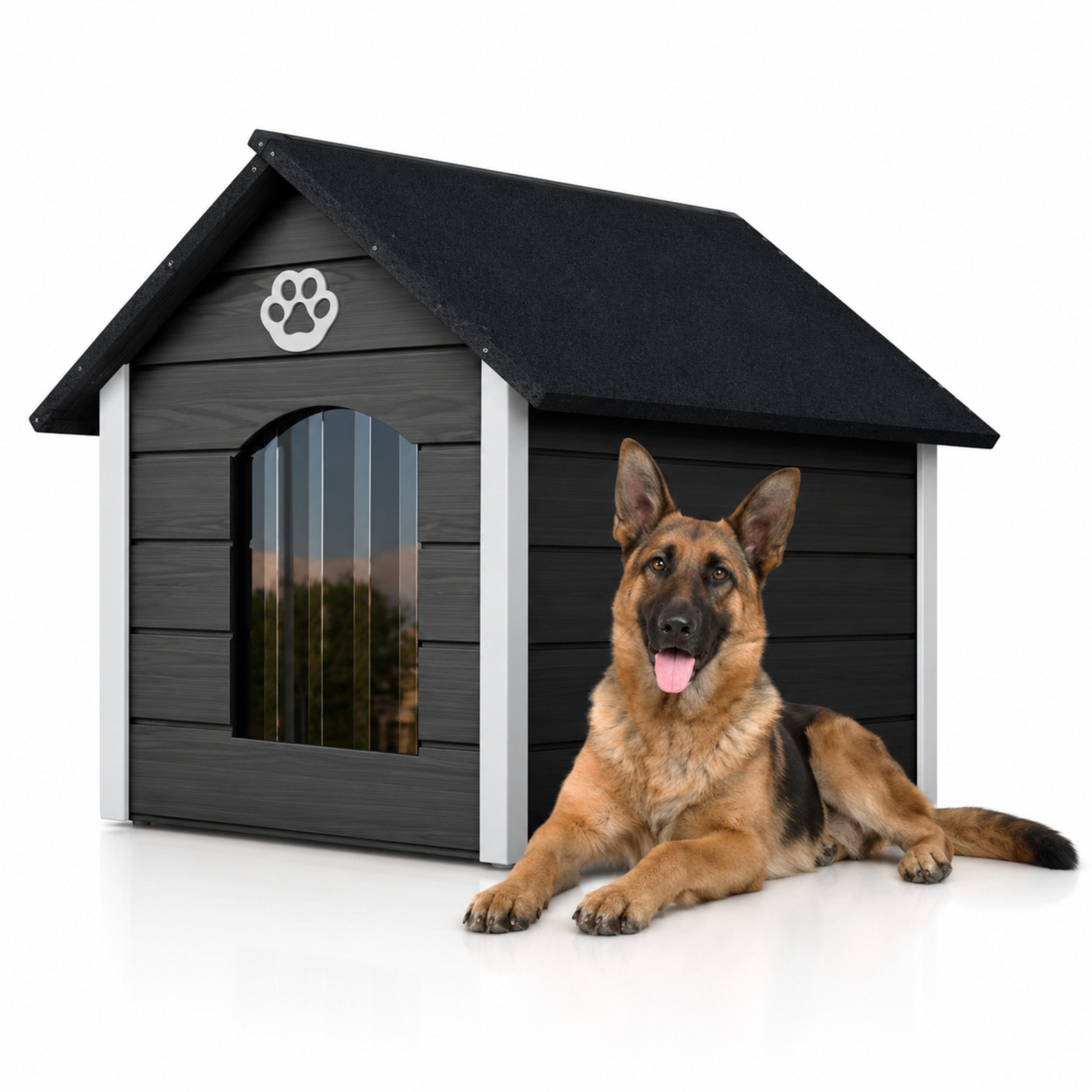 QLS Hundehütte XL 104x74cm isoliert für draußen mehrere Farben, Mit Wärmeschutzvorhang und Satteldach, individuell streichbar