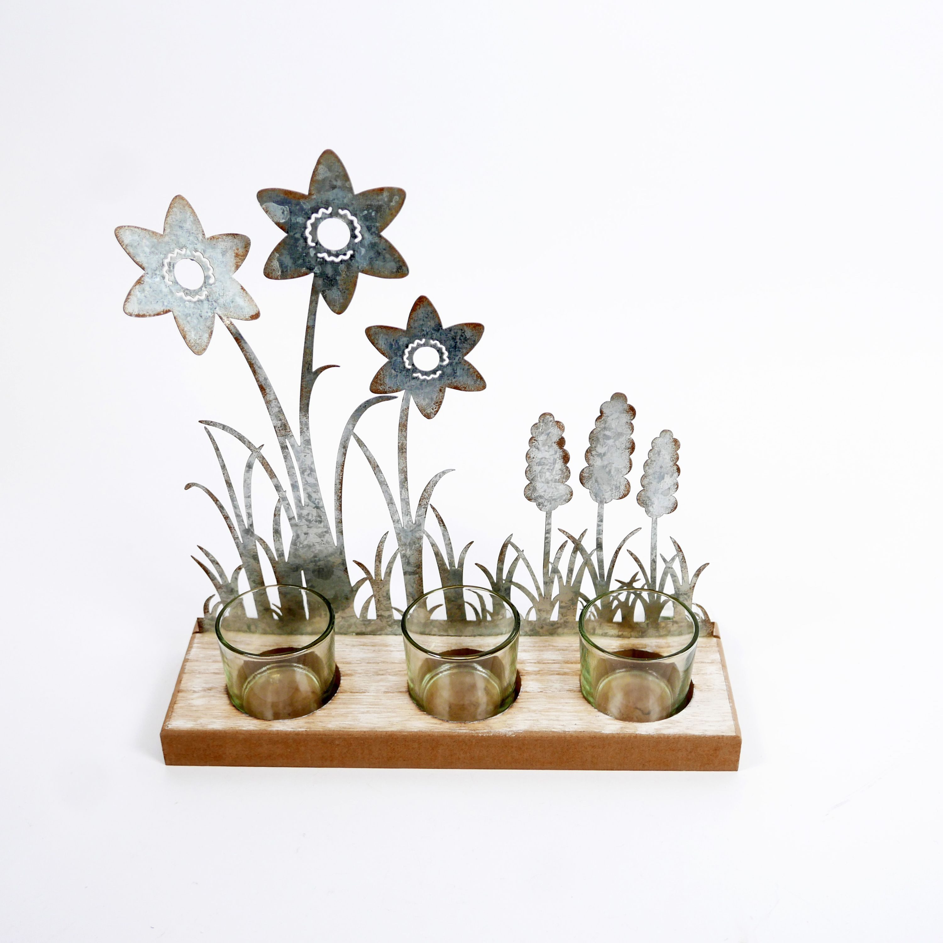 B&S Teelichthalter Teelichtglas 3er auf Holzsockel mit Blumenverzierung Metall H 25 cm