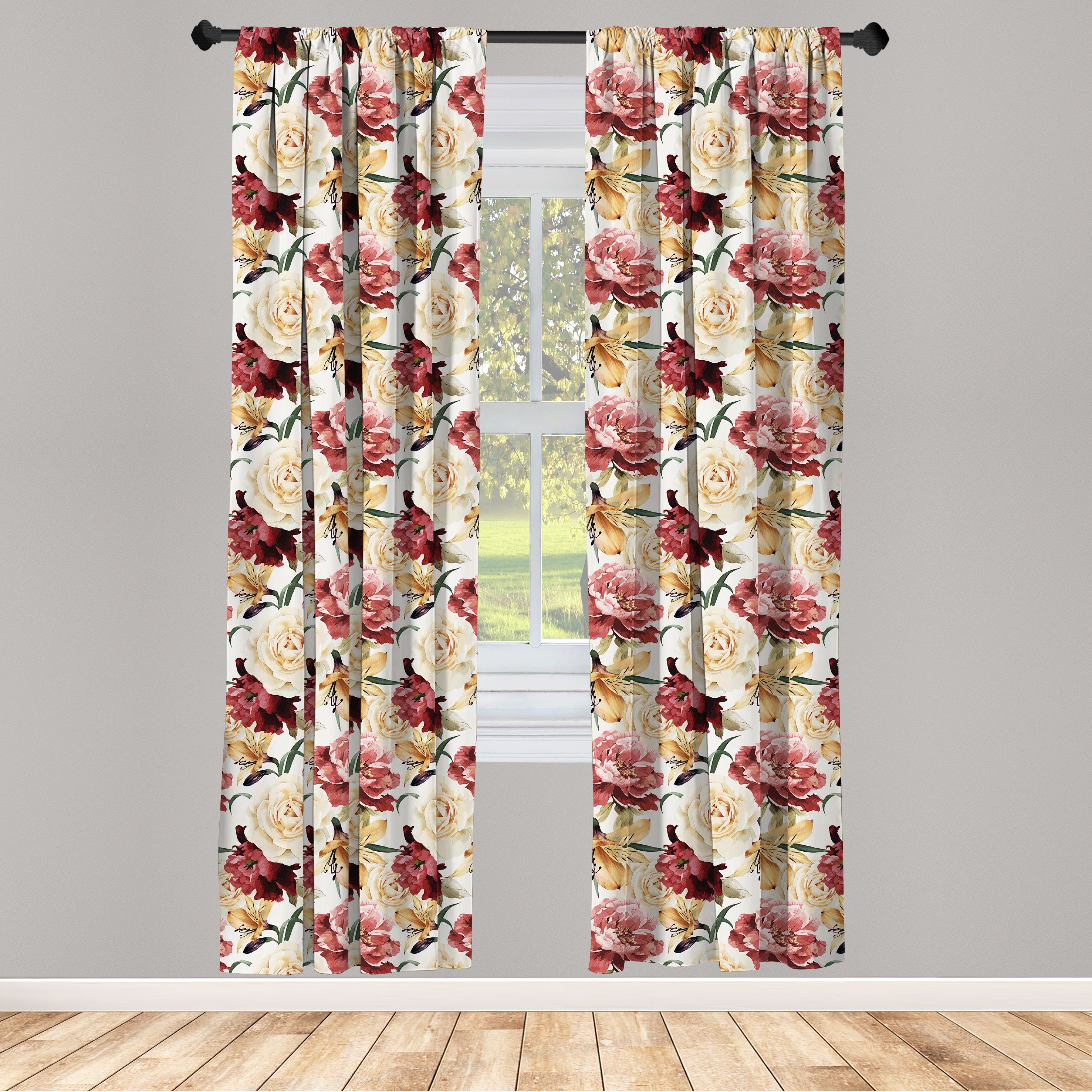Gardine Vorhang für Wohnzimmer Schlafzimmer Dekor, Abakuhaus, Microfaser, Garten Aquarell Rosen Pfingstrosen | Fertiggardinen