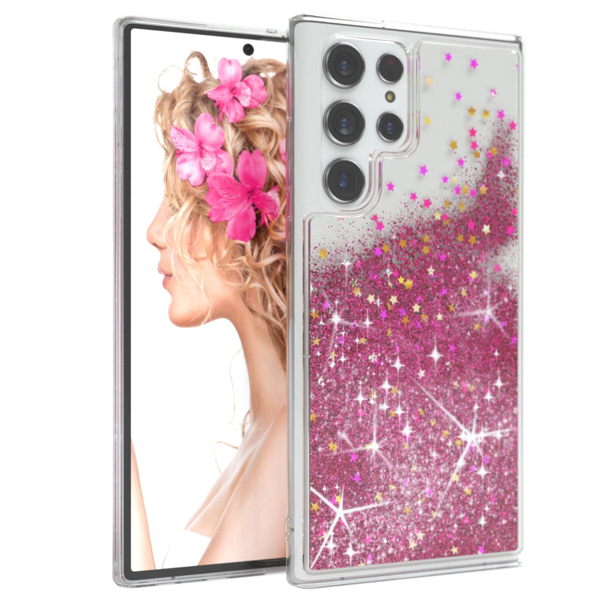 EAZY CASE Handyhülle Liquid Glittery Case für Samsung Galaxy S22 Ultra 6,8 Zoll, Glitzerhülle Shiny Slimcover stoßfest Durchsichtig Bumper Case Pink