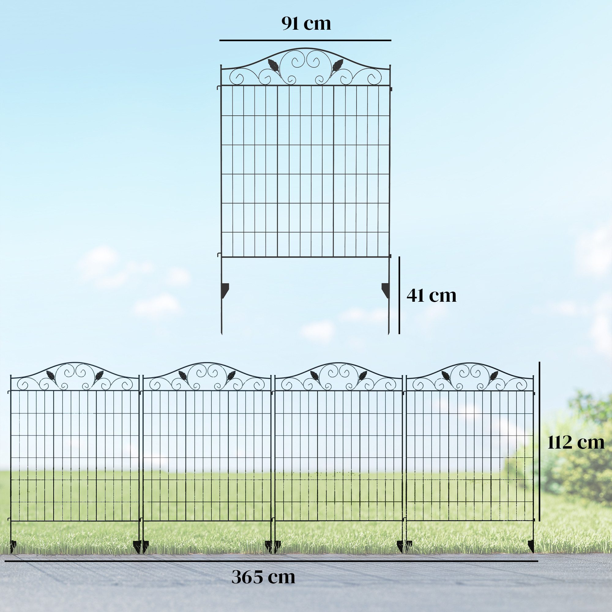 Outsunny Zaun Gartenzaun 4er Set 365 x 112 cm Gitterzaun Dekorative Metallzaun, (Drahtzaun, 4-St., Drahtgitter), für Balkon, Garten, Schwarz