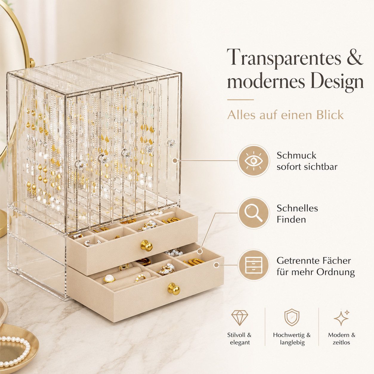 Fyrove Make-Up Organizer Transparenter Schmuckkasten groß, herausnehmbare Fächer für Damen, Set, Transparentes Material, Praktisches aufgeteiltes Innenlayout – Bild 3 von 5