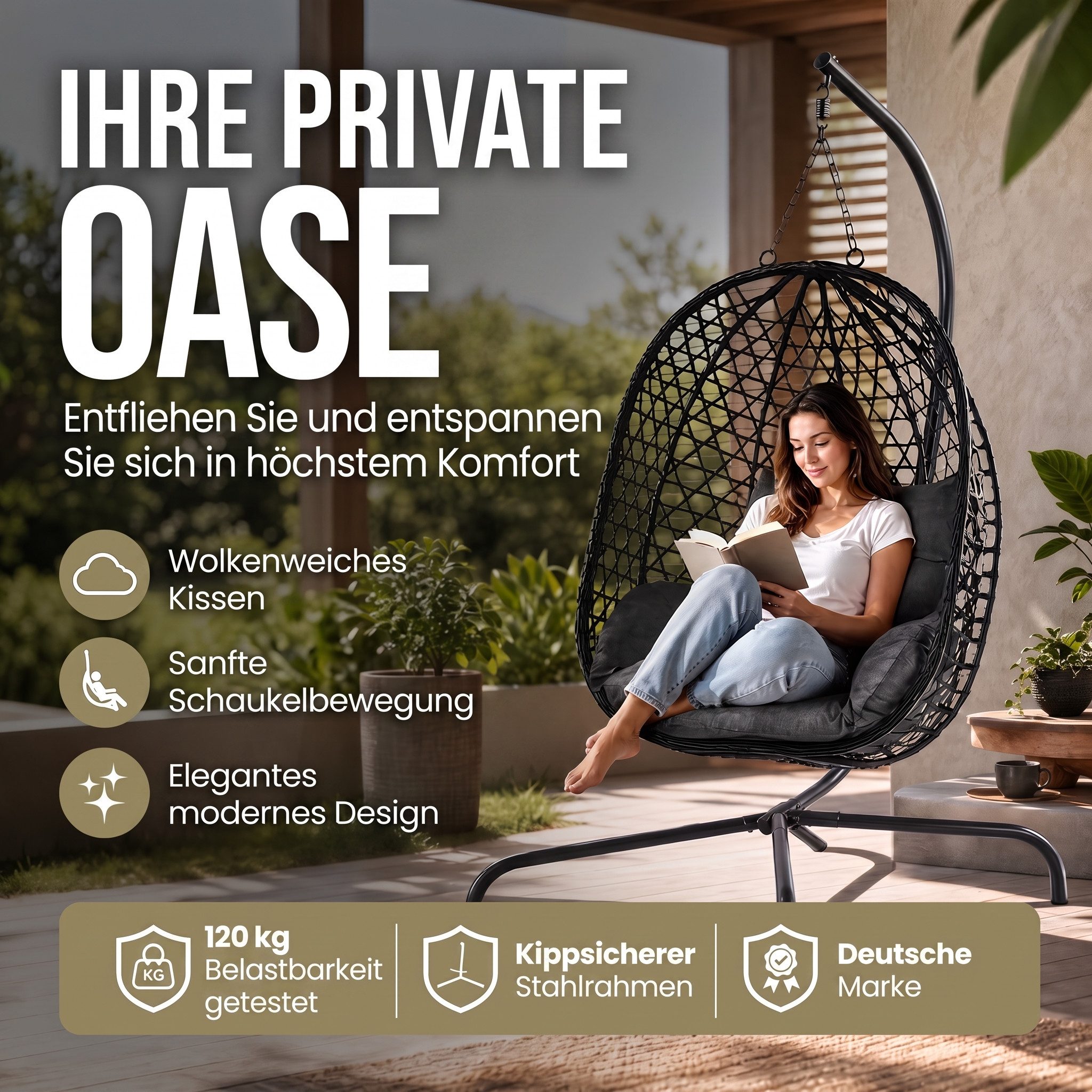 Goods+Gadgets Hängestuhl Polyrattan Hängestuhl mit Gestell und Kissen–Komfort für Innen & Außen (Hängekorb Sessel), Schwebeliege Rattan Outdoor & Indoor Relax Hängeliege