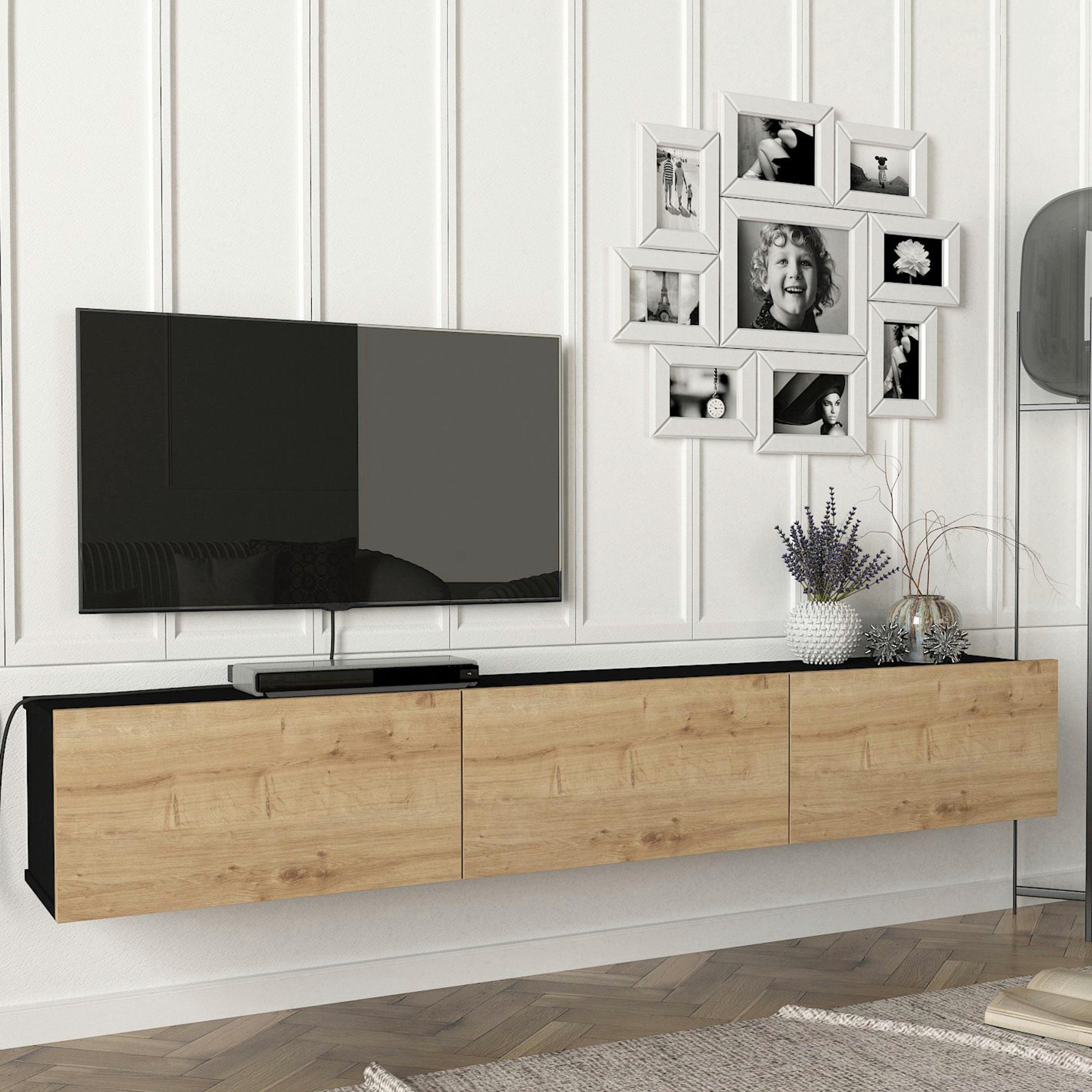 en.casa TV-Schrank »Vihti« Fernsehschrank 180x31x29,5cm Eiche/Schwarz günstig online kaufen