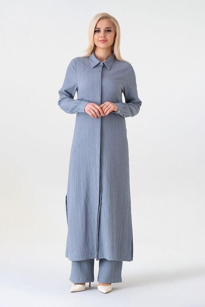 fashionshowcase Longtunika Damen Crinkle lange Tunika verdeckte Knopfleiste Modest elegant Crinkle-Struktur, fließender Fall, Seitenschlitze, vielseitig tragbar