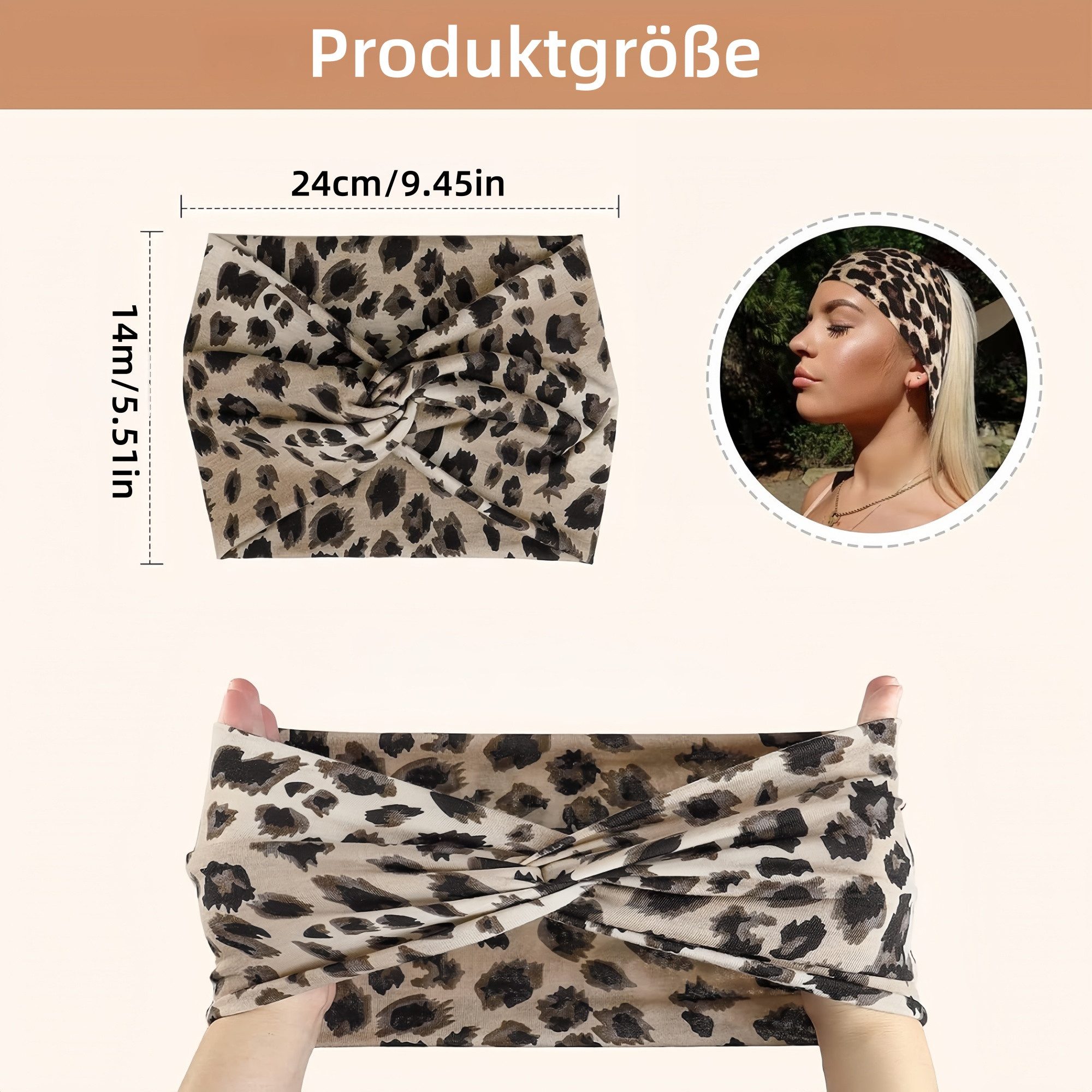 FOUORTUNATE-BEE Seidentuch 4 breite Haarbänder für Damen – Leo & Uni, elastisch, (5-St), 4er-Set elastische Stirnbänder für Yoga, Sport & Make-up