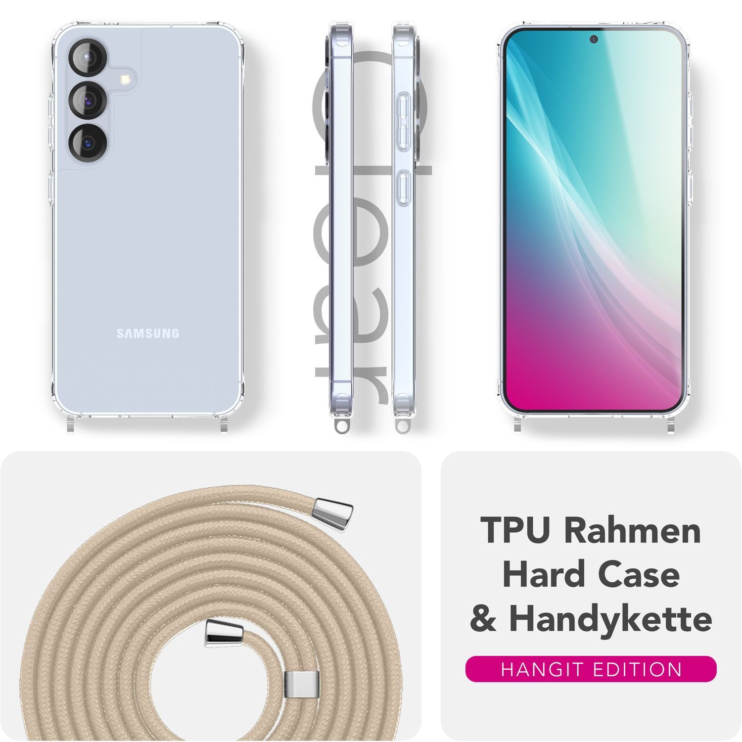 Nalia Smartphone-Hülle Samsung Galaxy S25 15,7 cm (6,2 Zoll), Hangit / Klare Umhängehülle / Verstellbares Handyband / 160cm Kette