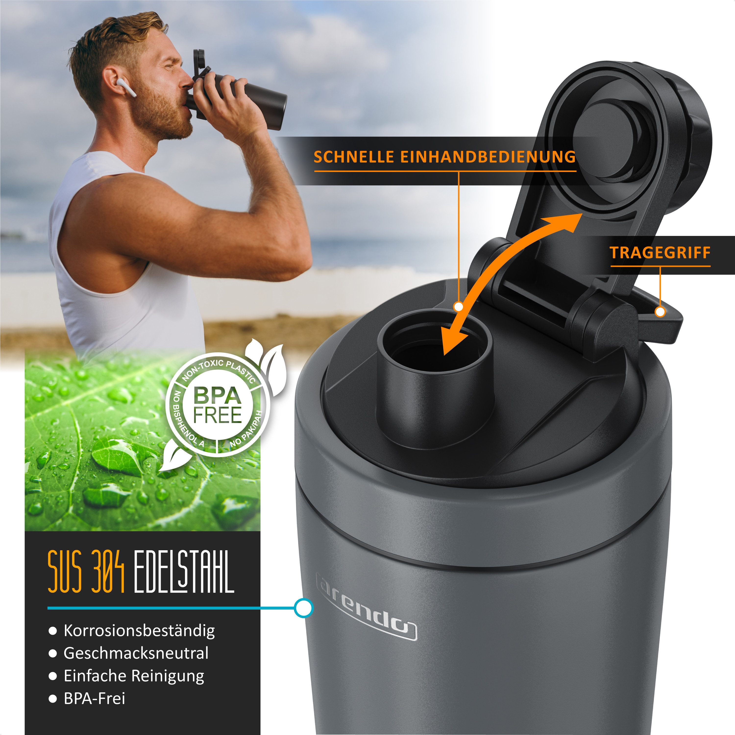 Arendo Protein Shaker Edelstahl Eiweißshaker 750 ml, verschließbar, bruchfest, BPA-frei, Edelstahl, (1-tlg), auslaufsicher, spülmaschinengeeignet, mit Tragegrif – Bild 3 von 5
